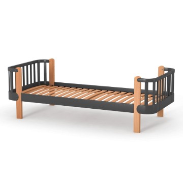 Pat pentru copii din lemn masiv de fag și PAL, dimensiuni 190x80 cm, model Maia, finisaj antracit-natur